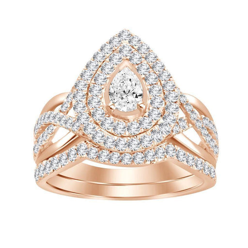 LADIES BRIDAL RING SET 1 CT ROUND/PEAR DIAMOND 14K ROSE GOLD