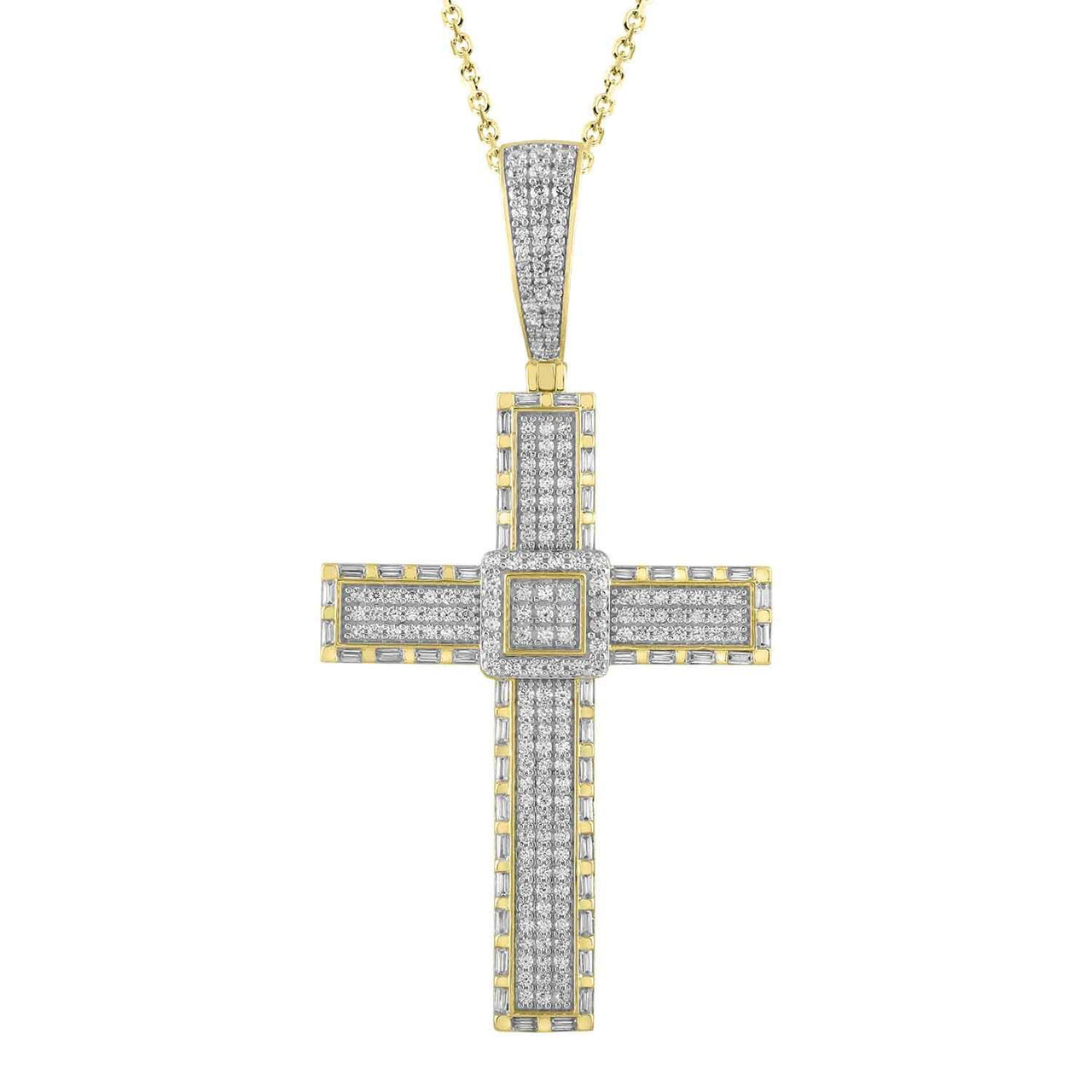 MEN'S CROSS 1 1/2 CT ROUND/BAGUETTE DIAMOND 10K YELLOW GOLD