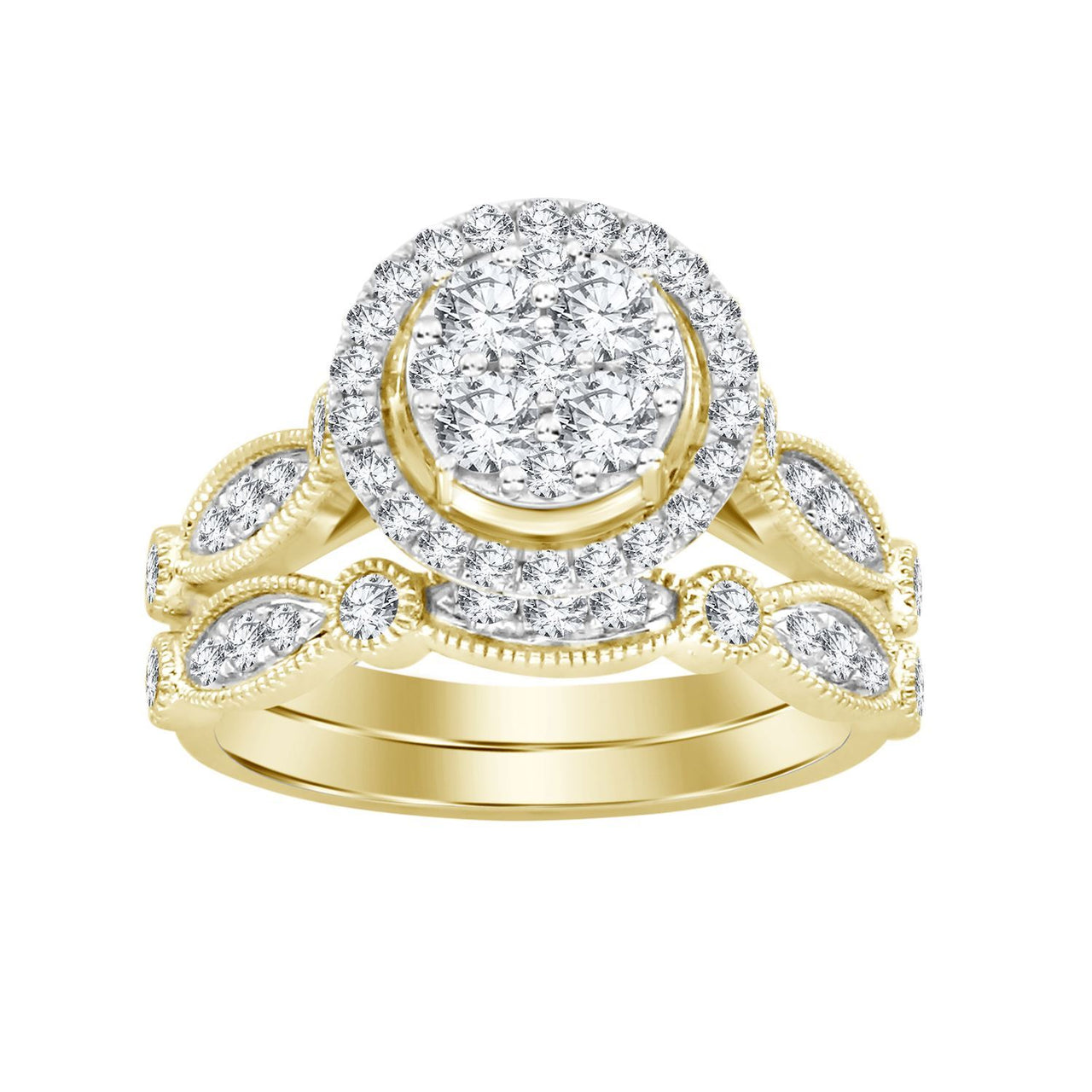 LADIES BRIDAL RING SET 1 CT ROUND DIAMOND 14K YELLOW GOLD