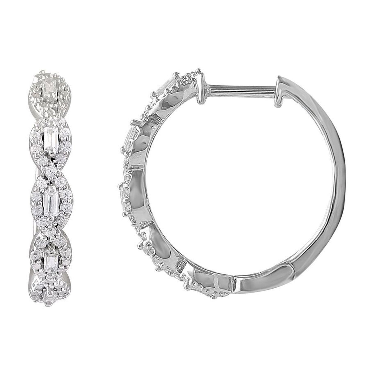 LADIES HOOPS EARRING 1/4 CT ROUND/BAGUETTE DIAMOND 10K WHITE GOLD