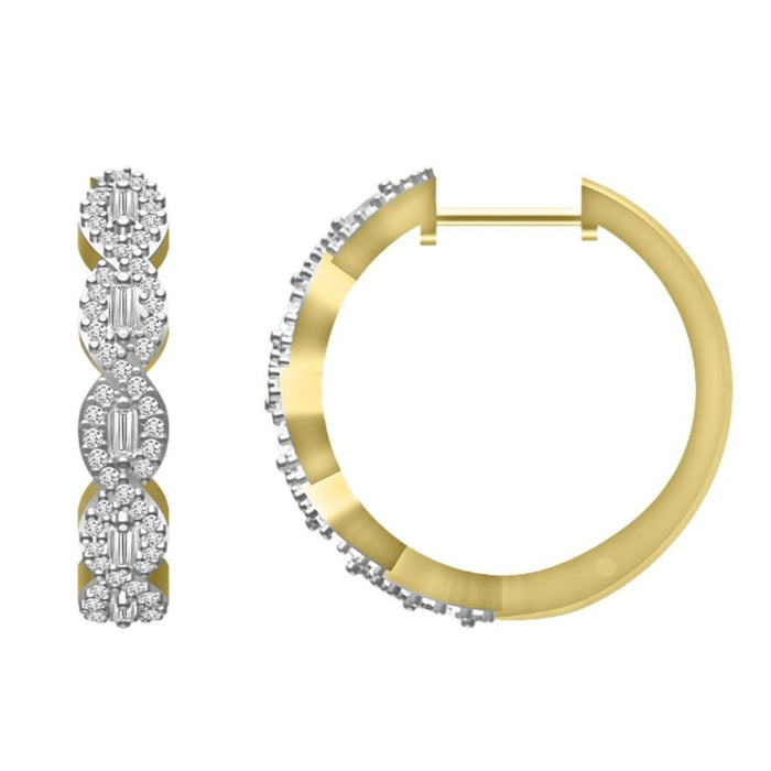 LADIES HOOPS EARRING 1/2 CT ROUND/BAGUETTE DIAMOND 10K YELLOW GOLD