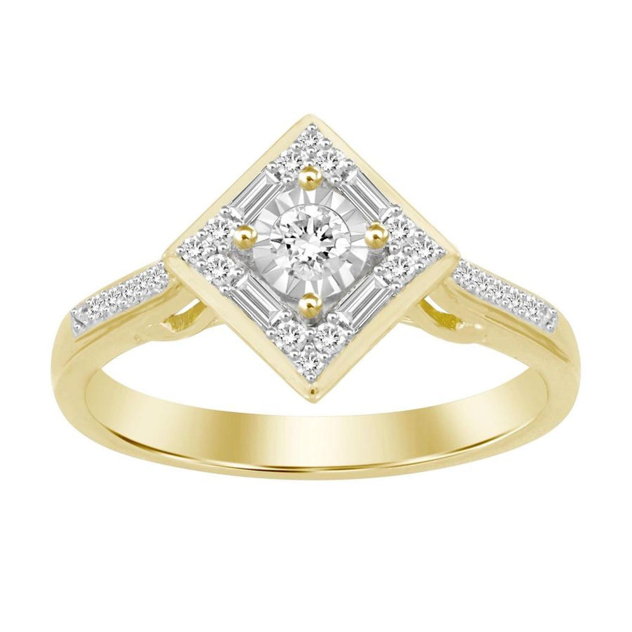 LADIES RING 1/4 CT ROUND/BAGUETTE DIAMOND 10K YELLOW GOLD