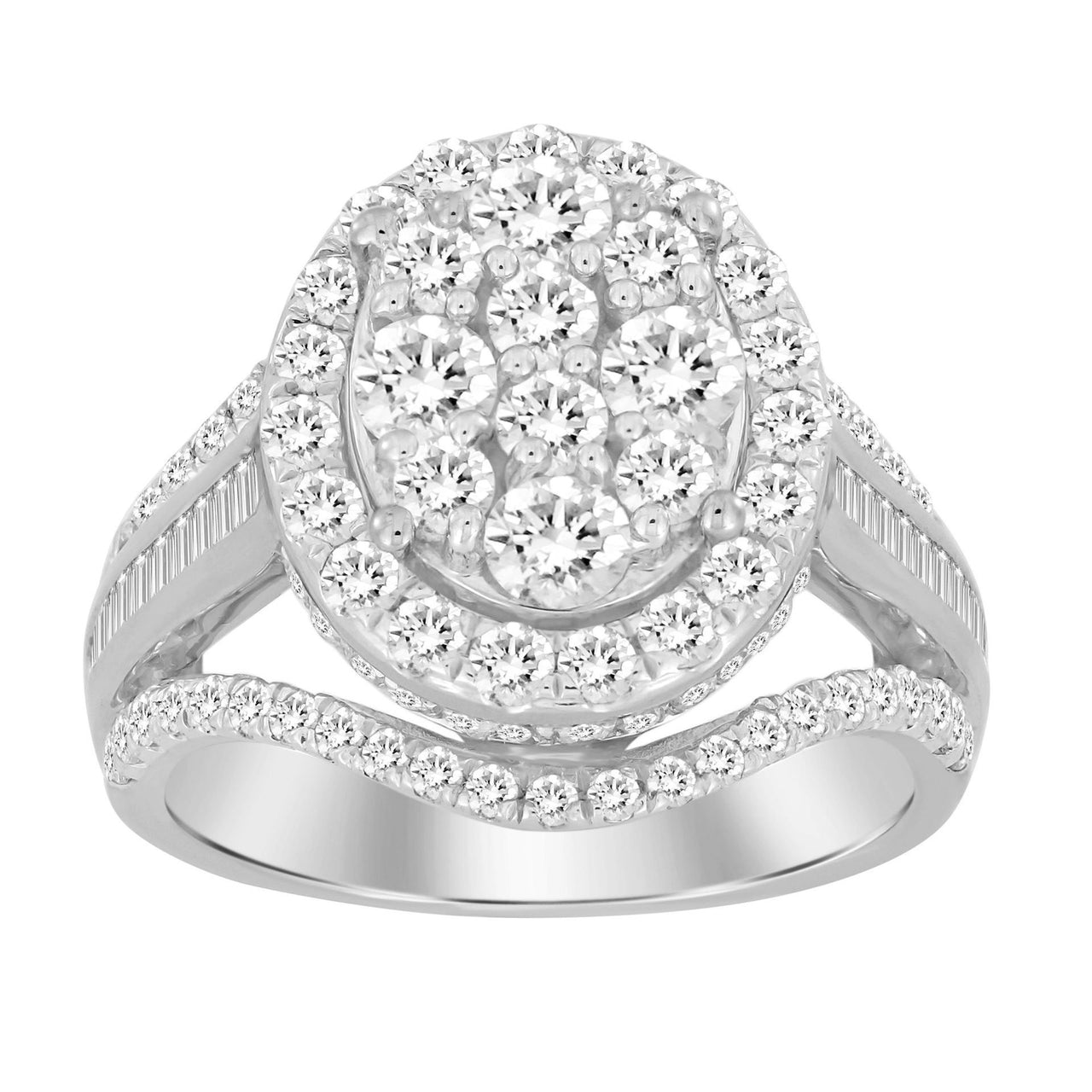 LADIES RING 2 CT ROUND/BAGUETTE DIAMOND 10K WHITE GOLD