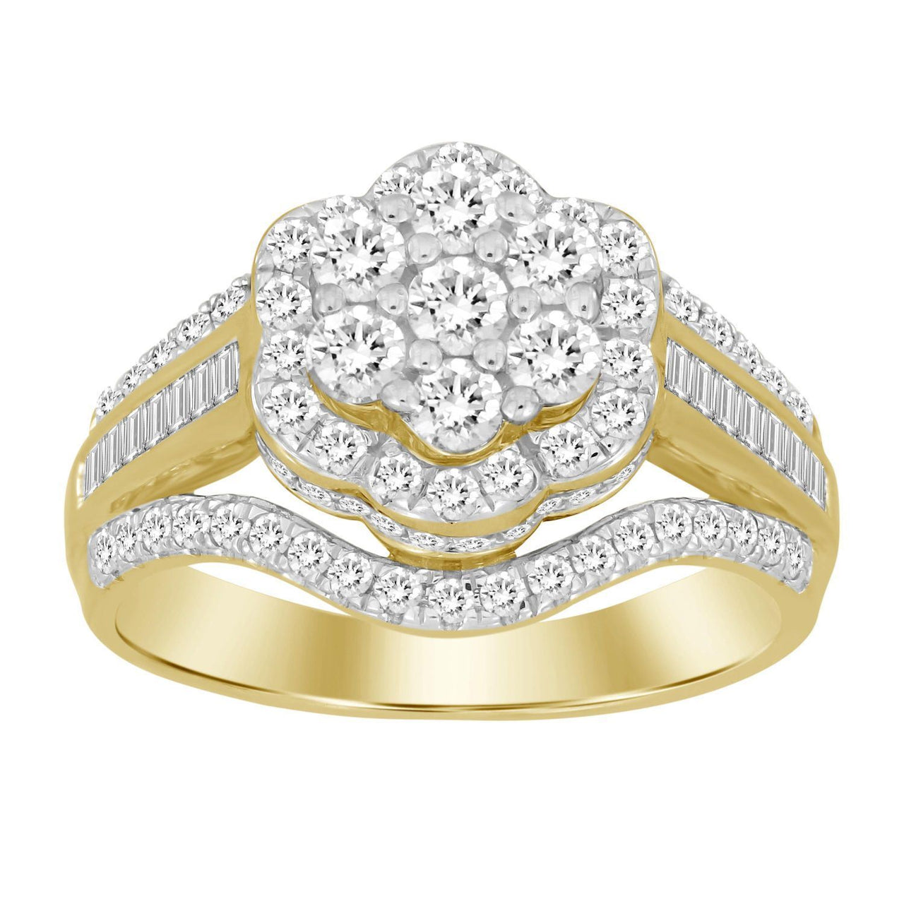 LADIES RING 1 CT ROUND/BAGUETTE DIAMOND 10K YELLOW GOLD