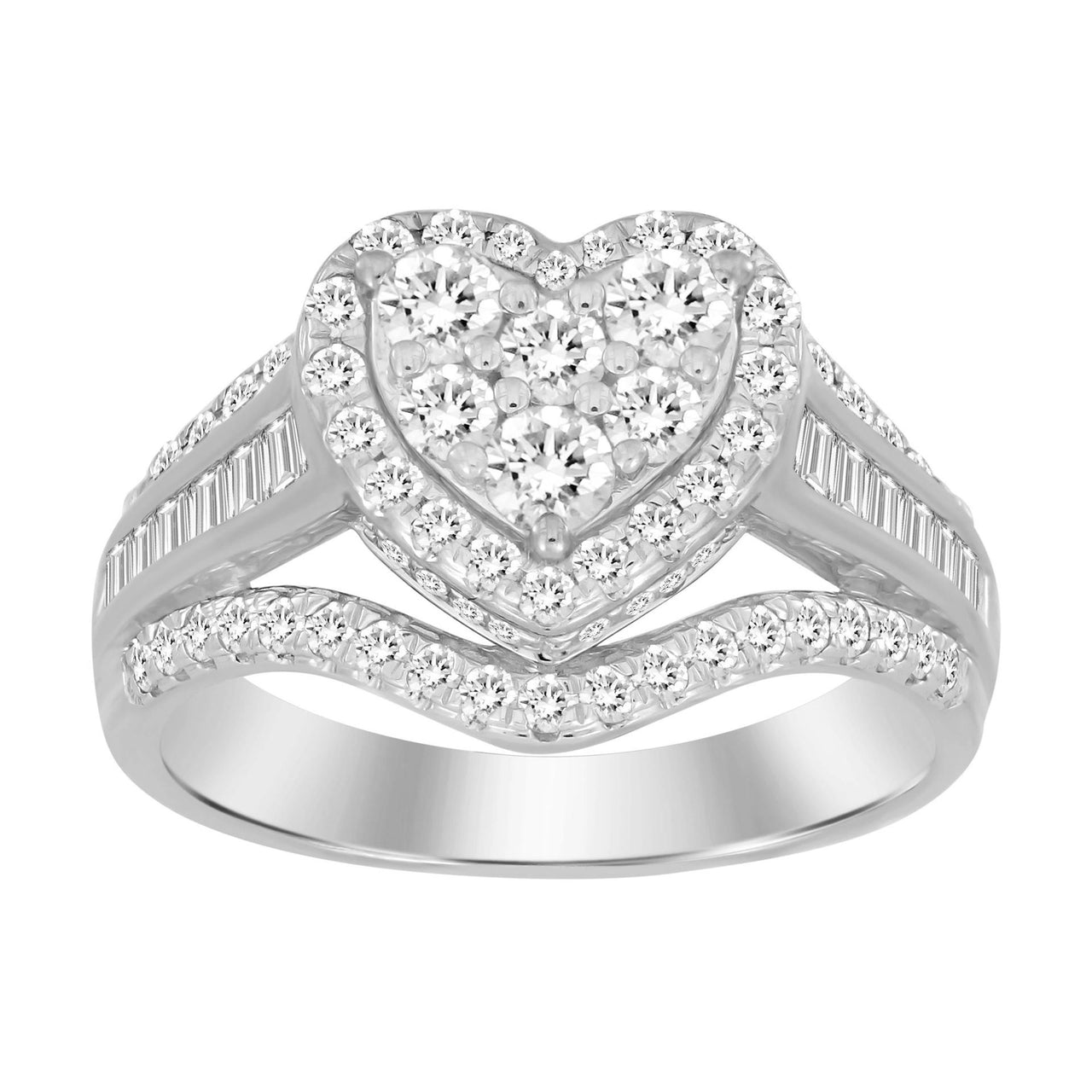 LADIES RING 1 CT ROUND/BAGUETTE DIAMOND 10K WHITE GOLD