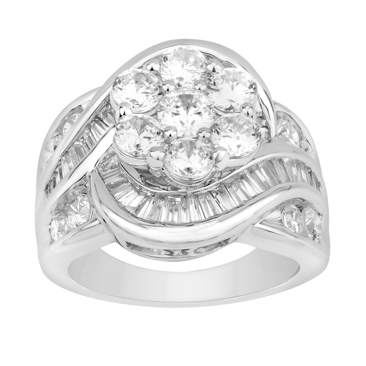 LADIES RING 3 CT ROUND/BAGUETTE DIAMOND 14K WHITE GOLD