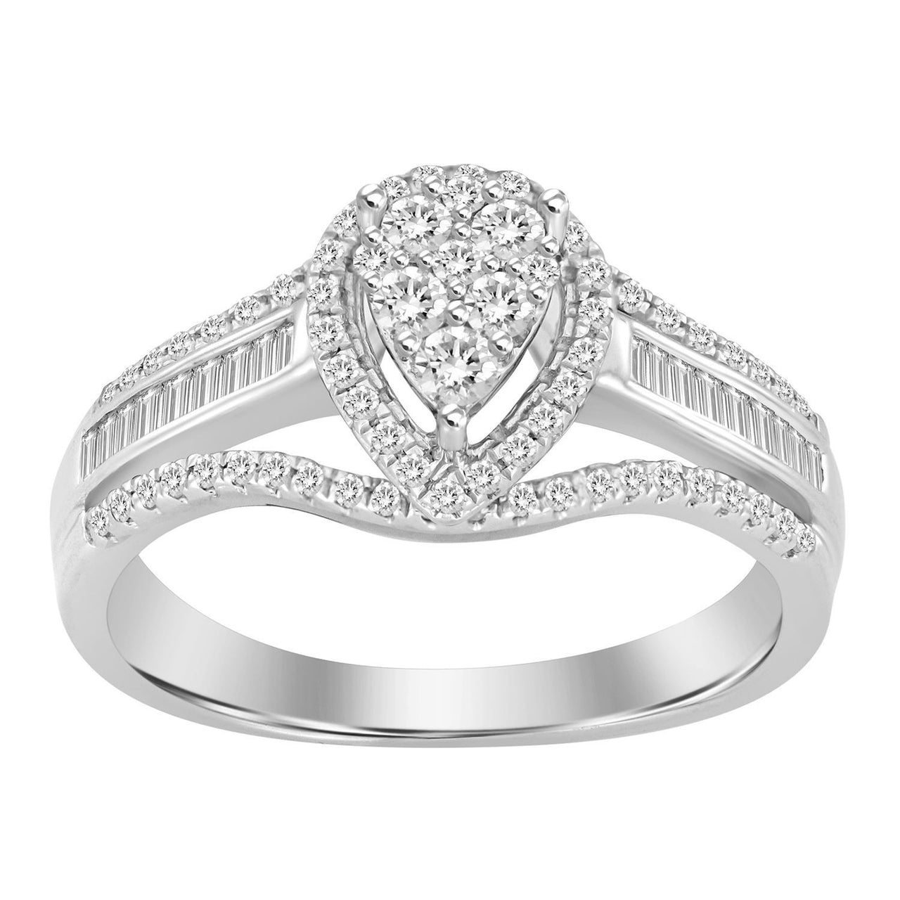 LADIES RING 1/2 CT ROUND/BAGUETTE DIAMOND 10K WHITE GOLD