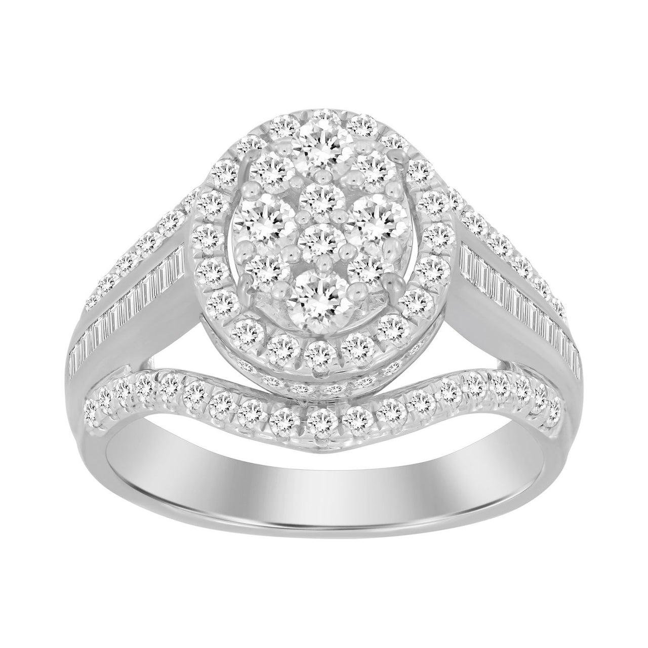 LADIES RING 1 CT ROUND/BAGUETTE DIAMOND 10K WHITE GOLD