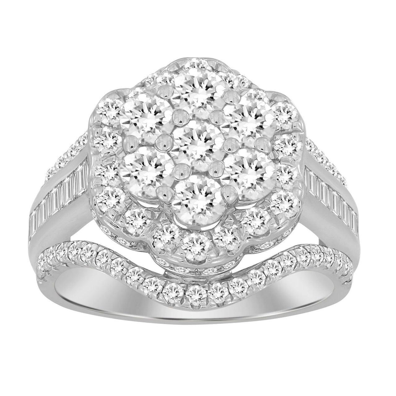 LADIES RING 2 CT ROUND/BAGUETTE DIAMOND 10K WHITE GOLD