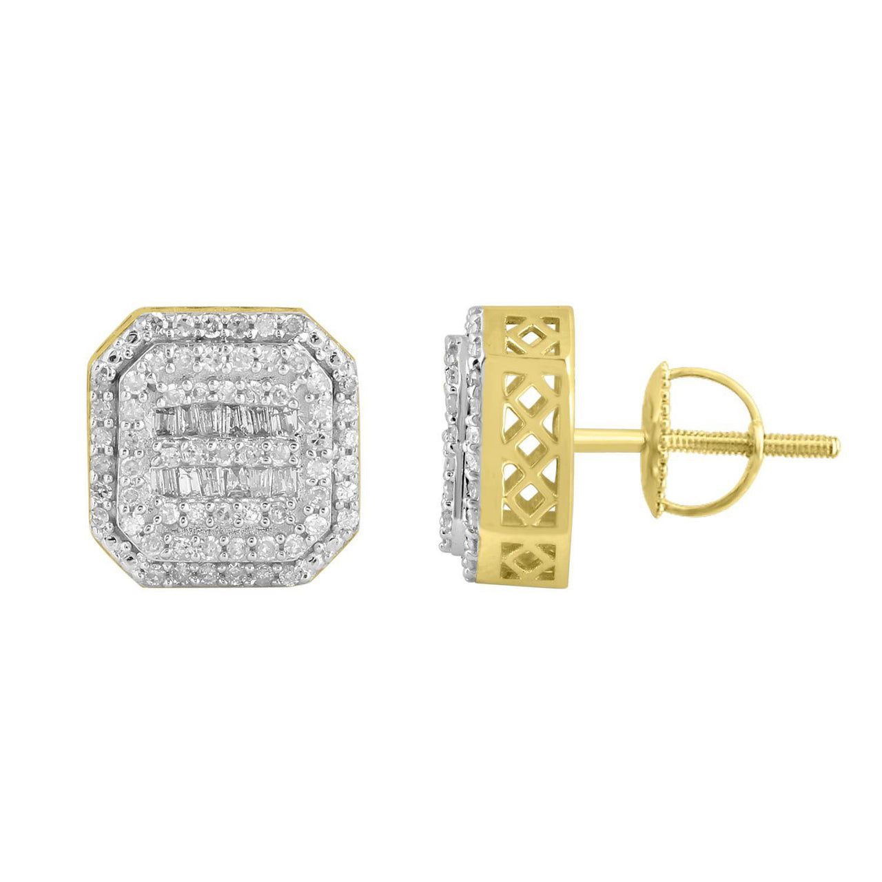 MEN'S EARRING 1/2 CT ROUND/BAGUETTE  DIAMOND 10K YELLOW GOLD