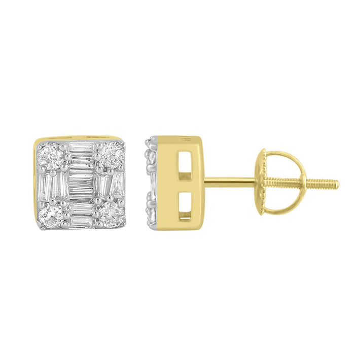 MEN'S EARRING 1/2 CT ROUND/BAGUETTE  DIAMOND 10K YELLOW GOLD