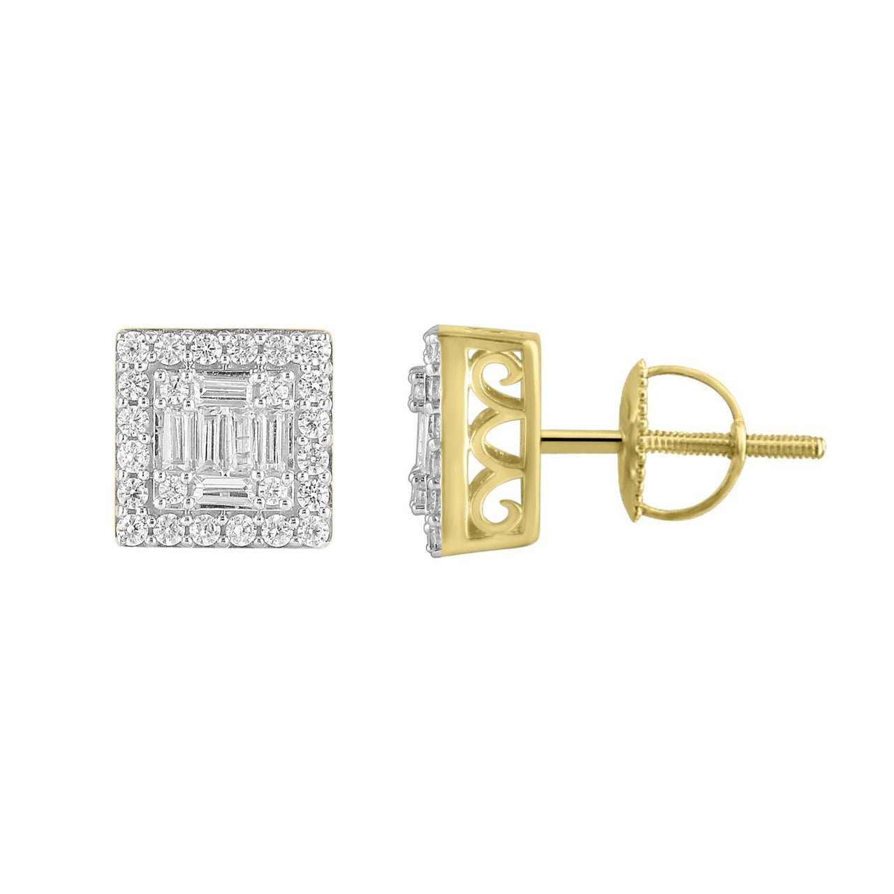 MEN'S EARRING 1/2 CT ROUND/BAGUETTE  DIAMOND 10K YELLOW GOLD