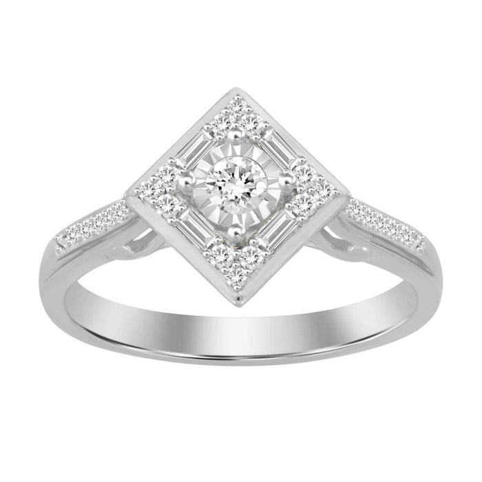 LADIES RING 1/4 CT ROUND/BAGUETTE DIAMOND 10K WHITE GOLD