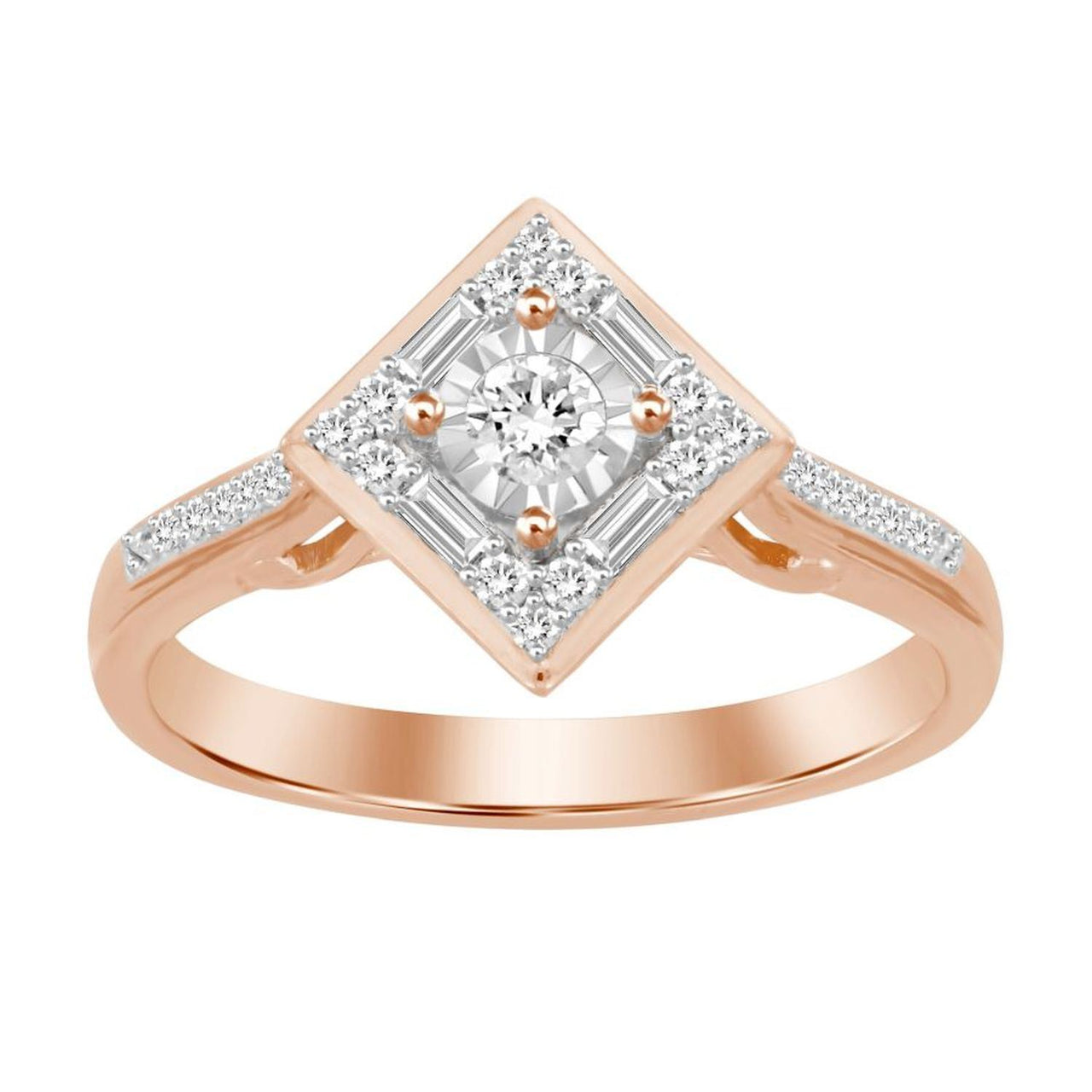 LADIES RING 1/4 CT ROUND/BAGUETTE DIAMOND 10K ROSE GOLD