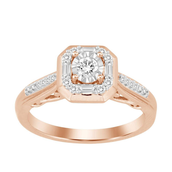 LADIES RING 1/4 CT ROUND/BAGUETTE DIAMOND 10K ROSE GOLD