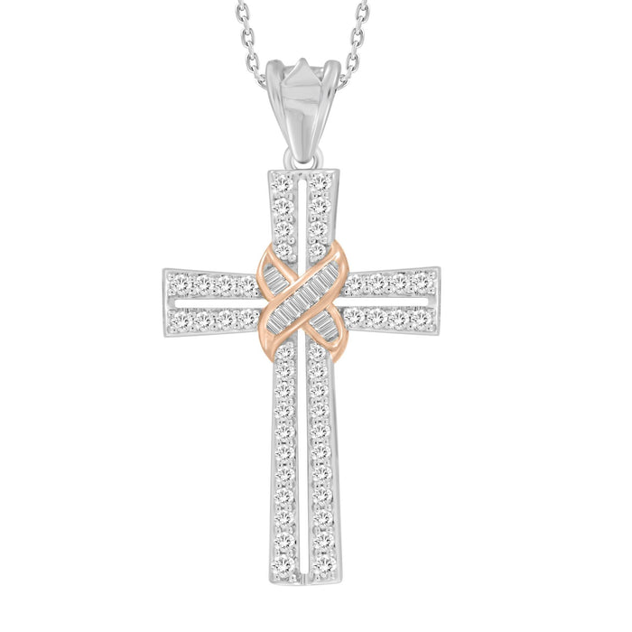 LADIES PENDANT 1/6 CT ROUND/BAGUETTE DIAMOND 10K WHITE/ROSE GOLD