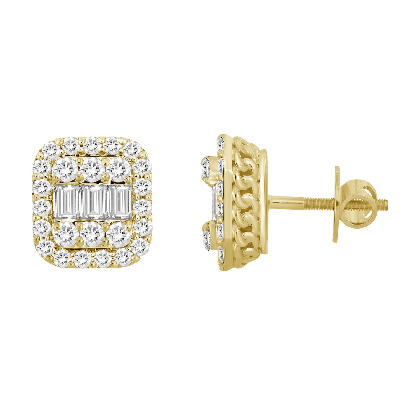 MEN'S EARRING 2 CT ROUND/BAGUETTE DIAMOND 10K YELLOW GOLD