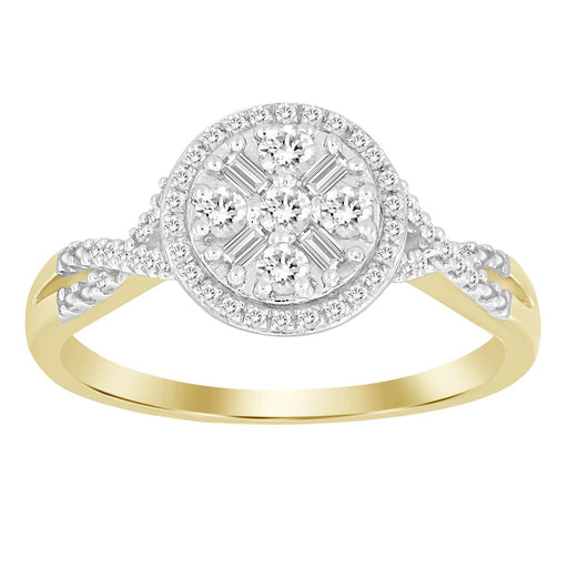 LADIES RING 1/4 CT ROUND/BAGUETTE DIAMOND 10K YELLOW GOLD