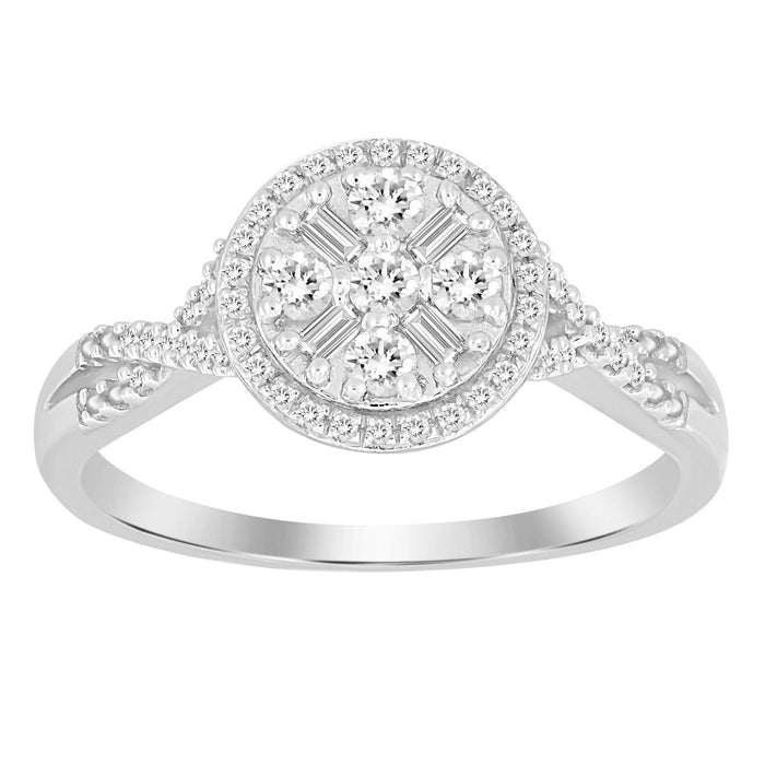 LADIES RING 1/4 CT ROUND/BAGUETTE DIAMOND 10K WHITE GOLD