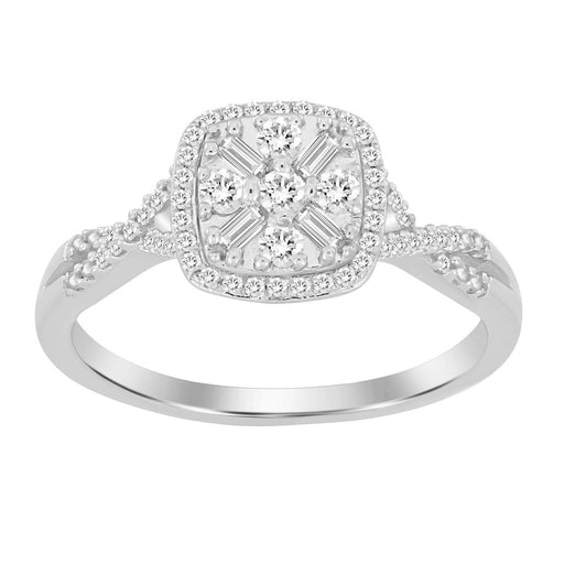 LADIES RING 1/4 CT ROUND/BAGUETTE DIAMOND 10K WHITE GOLD