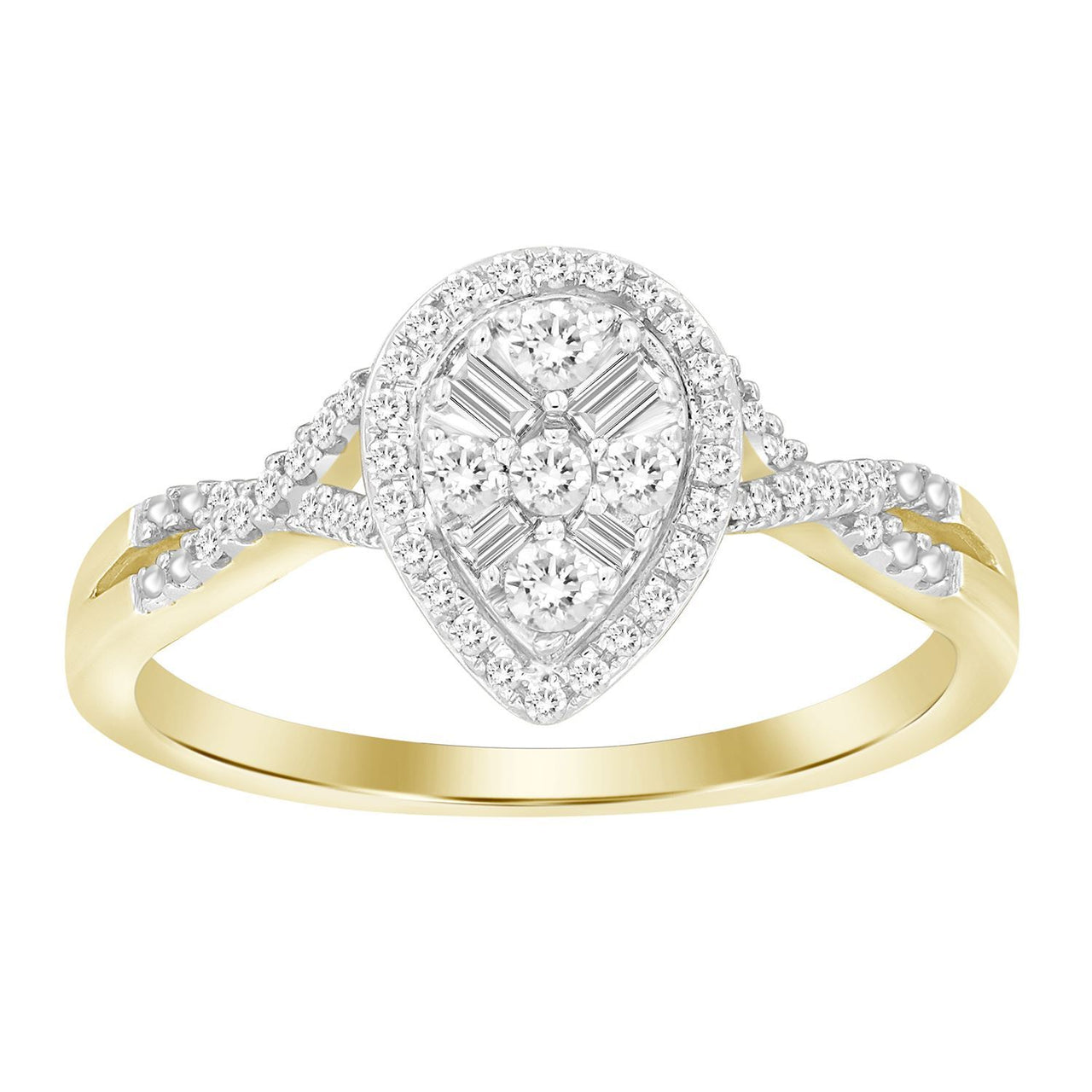 LADIES RING 1/4 CT ROUND/BAGUETTE DIAMOND 10K YELLOW GOLD