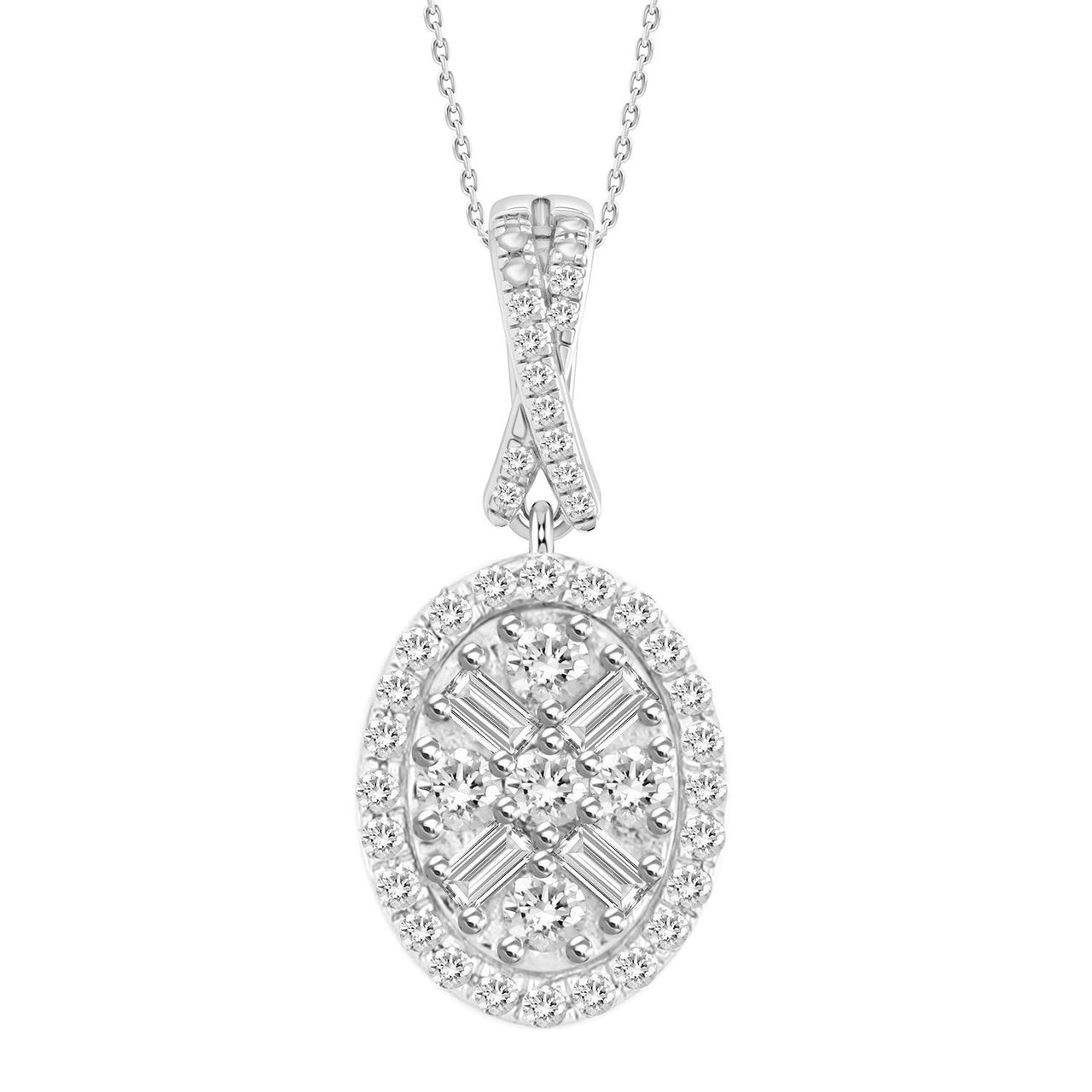 LADIES PENDANT 1/5 CT ROUND/BAGUETTE DIAMOND 10K WHITE GOLD