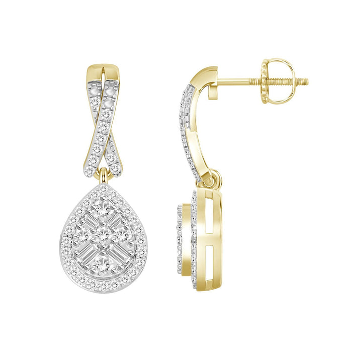 LADIES EARRING 1/3 CT ROUND/BAGUETTE  DIAMOND 10K YELLOW GOLD