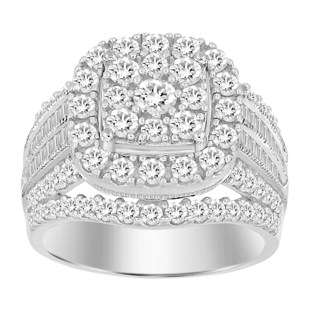 LADIES RING 2 CT ROUND/BAGUETTE DIAMOND 10K WHITE GOLD
