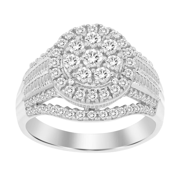 LADIES RING 1 CT ROUND/BAGUETTE DIAMOND 10K WHITE GOLD