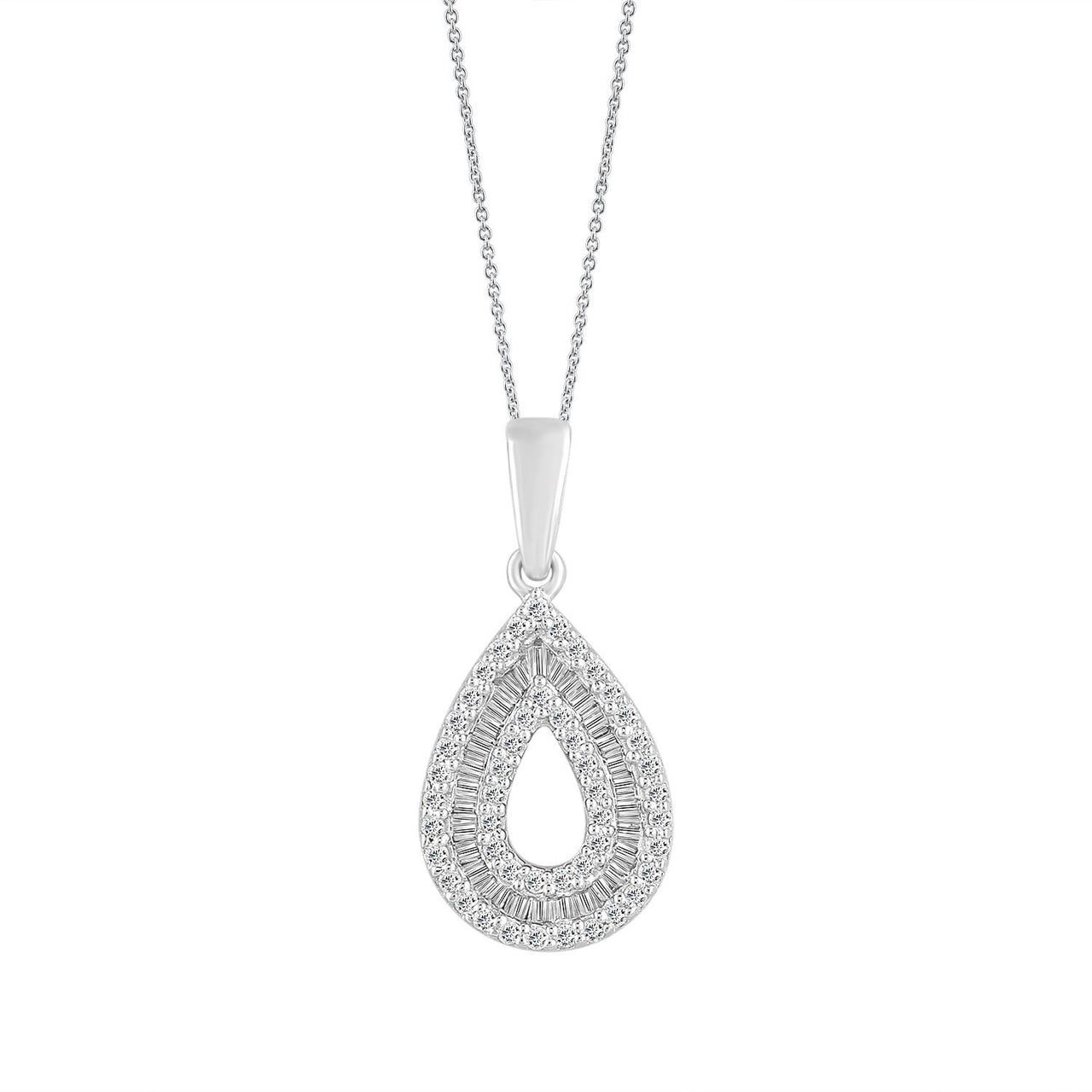 LADIES PENDANT 1/4 CT ROUND/BAGUETTE DIAMOND 10K WHITE GOLD