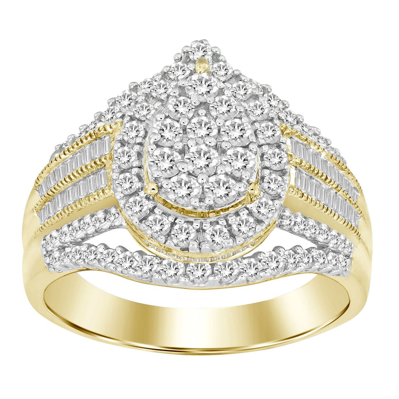 LADIES RING 1 CT ROUND/BAGUETTE DIAMOND 10K YELLOW GOLD
