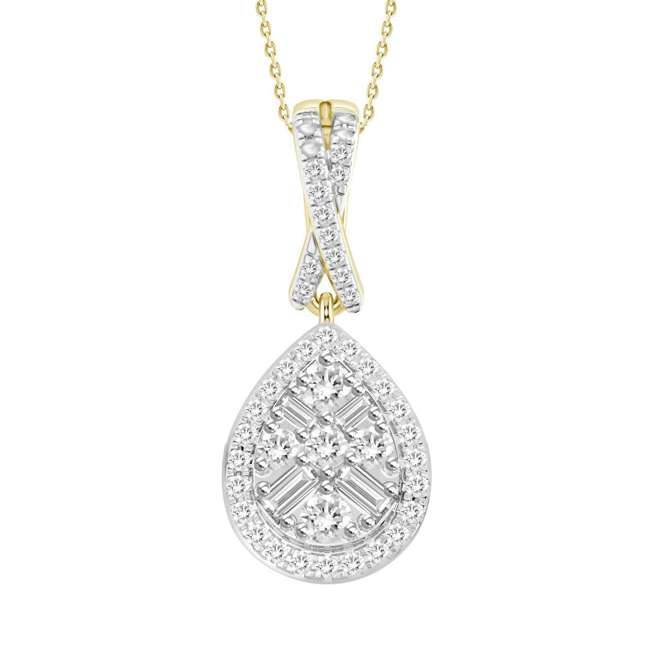 LADIES PENDANT 1/5 CT ROUND/BAGUETTE DIAMOND 10K YELLOW GOLD