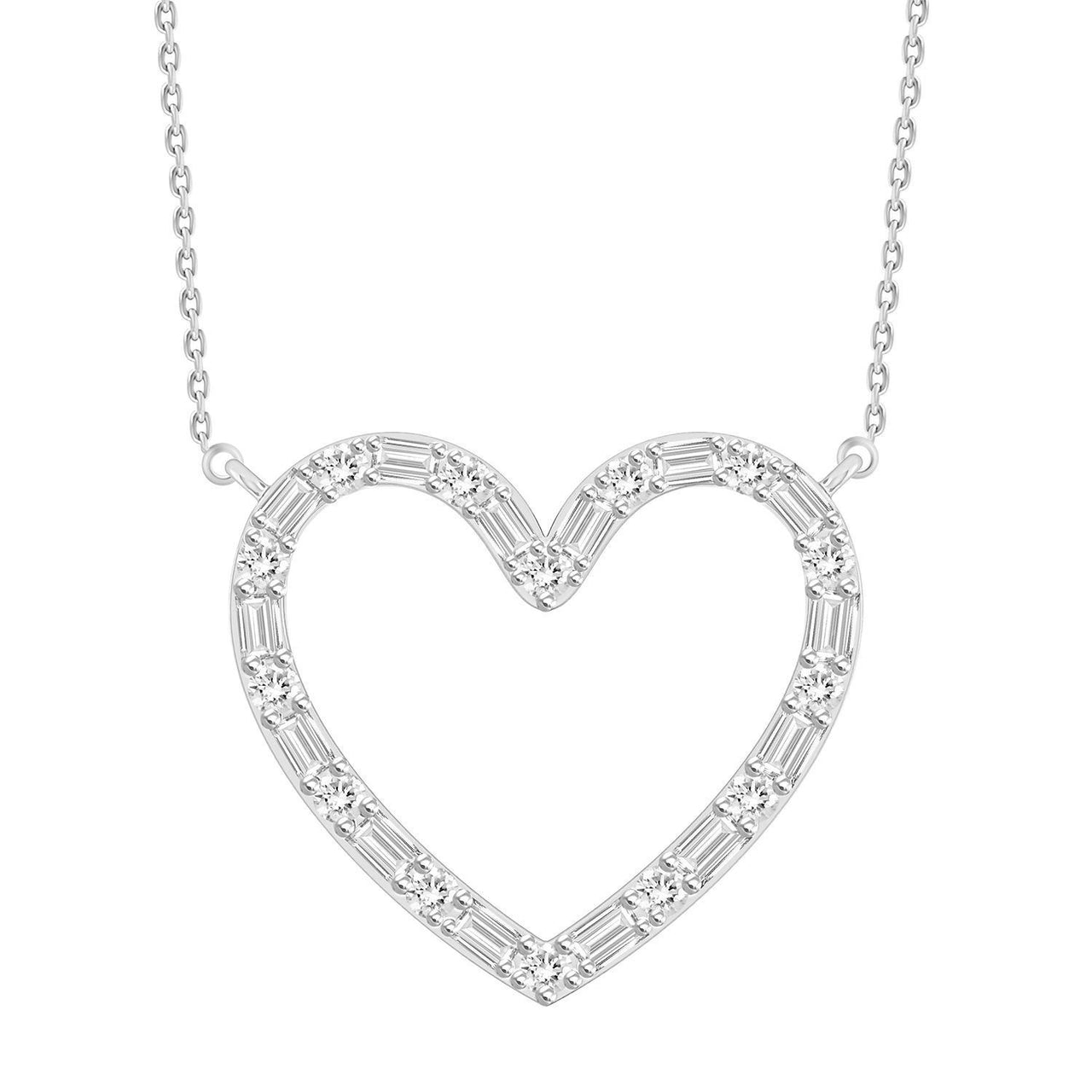 LADIES NECKLACE 1/10 CT ROUND/BAGUETTE DIAMOND 10K WHITE GOLD