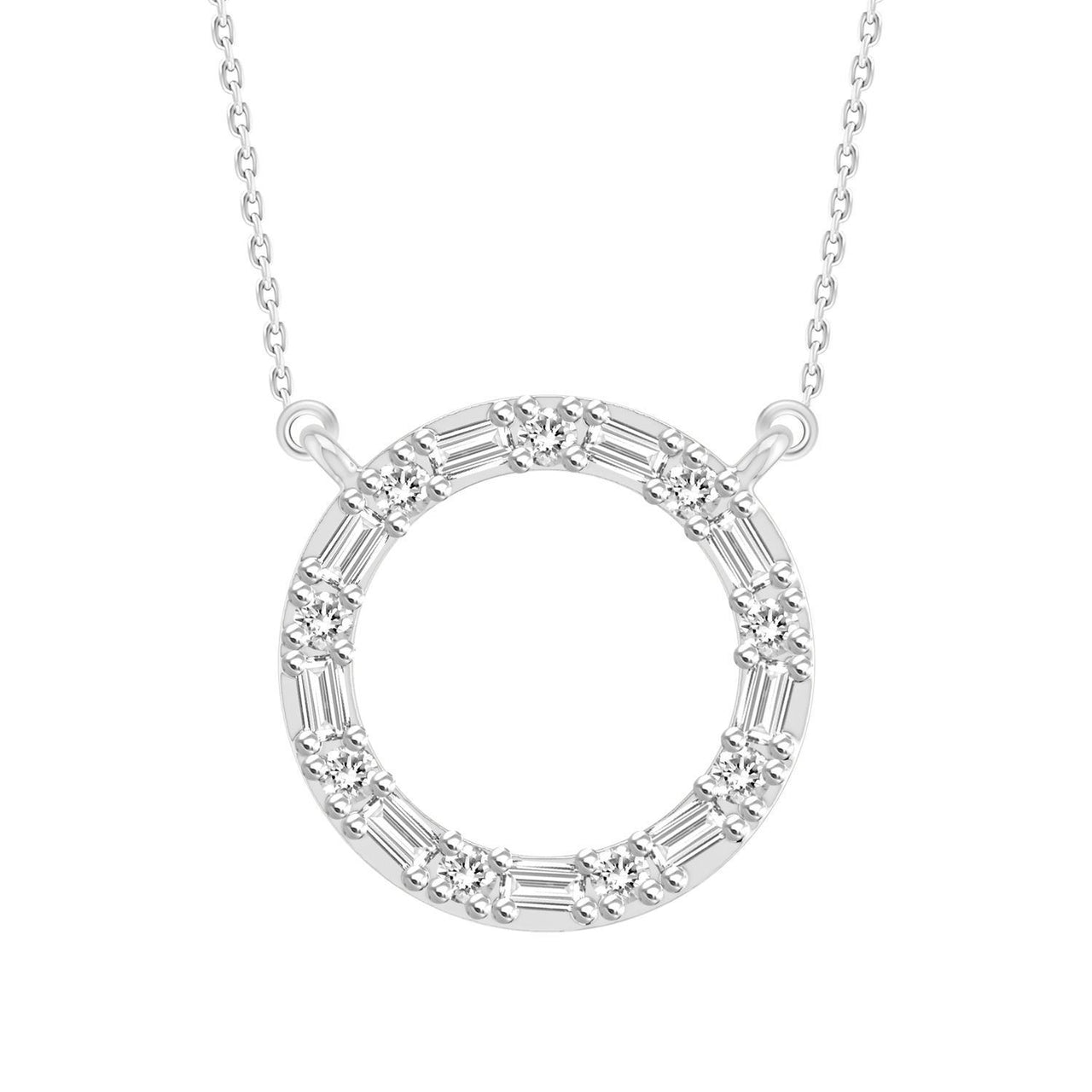 LADIES NECKLACE 1/10 CT ROUND/BAGUETTE DIAMOND 10K WHITE GOLD