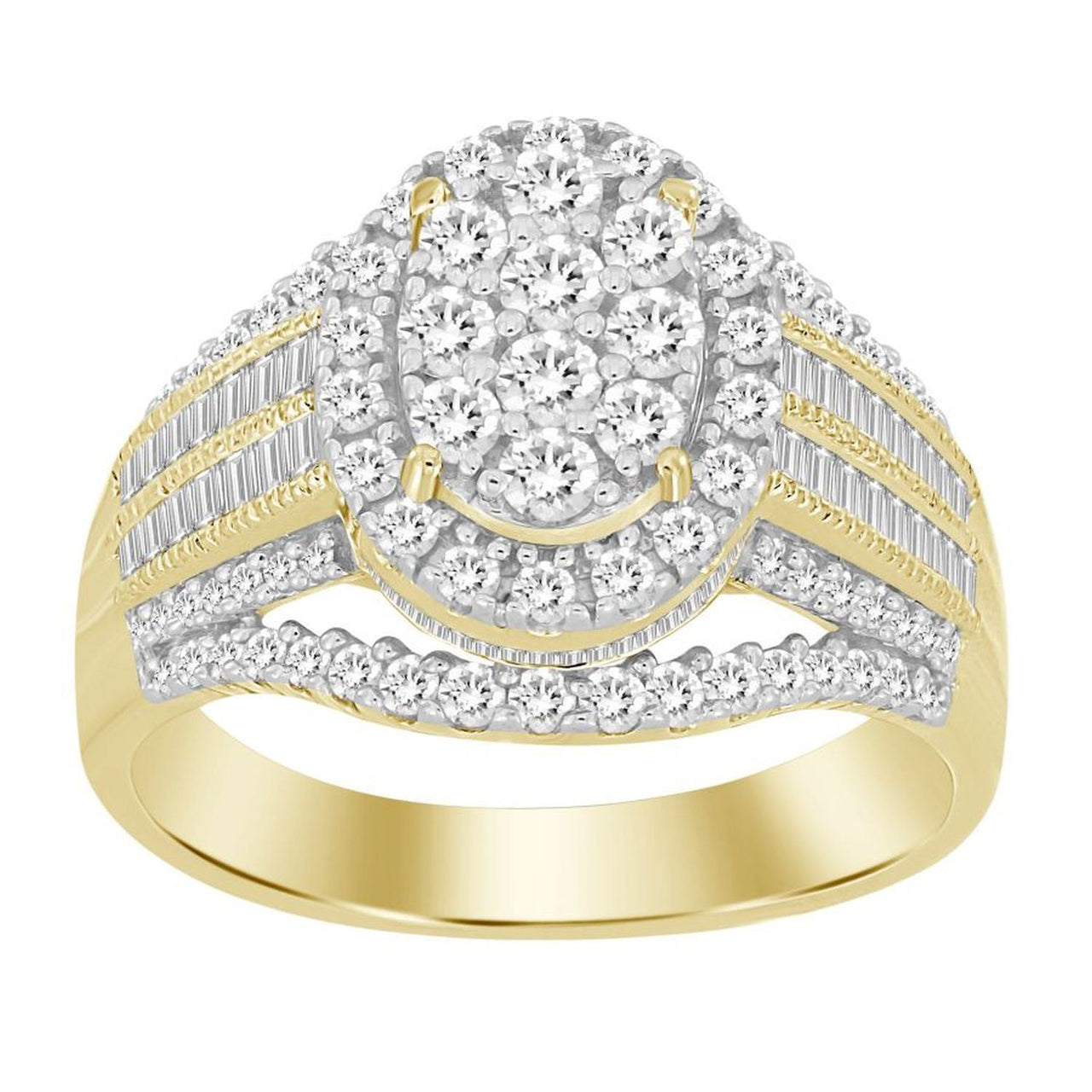 LADIES RING 3 CT ROUND/BAGUETTE DIAMOND 10K YELLOW GOLD