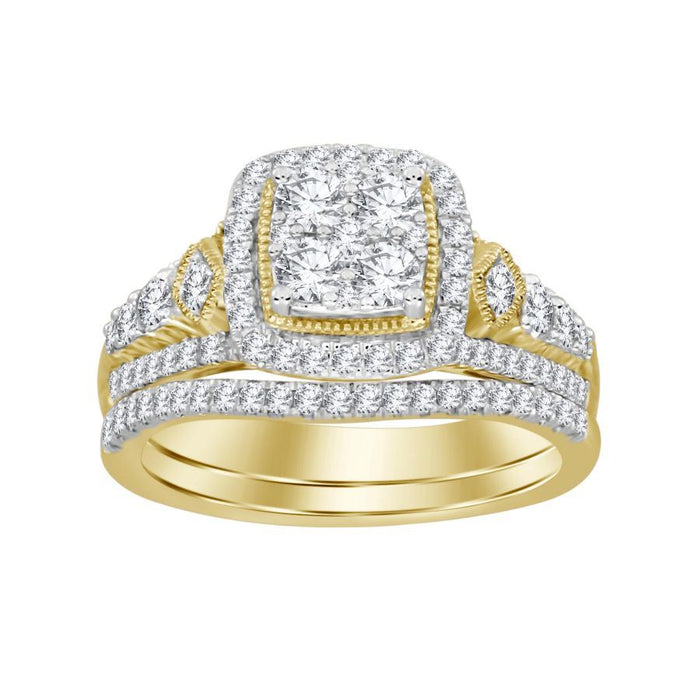 LADIES BRIDAL RING SET 1 CT ROUND DIAMOND 14K YELLOW GOLD