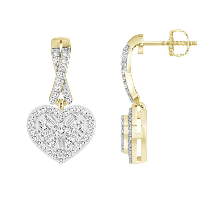 LADIES EARRING 1/3 CT ROUND/BAGUETTE DIAMOND 10K YELLOW GOLD