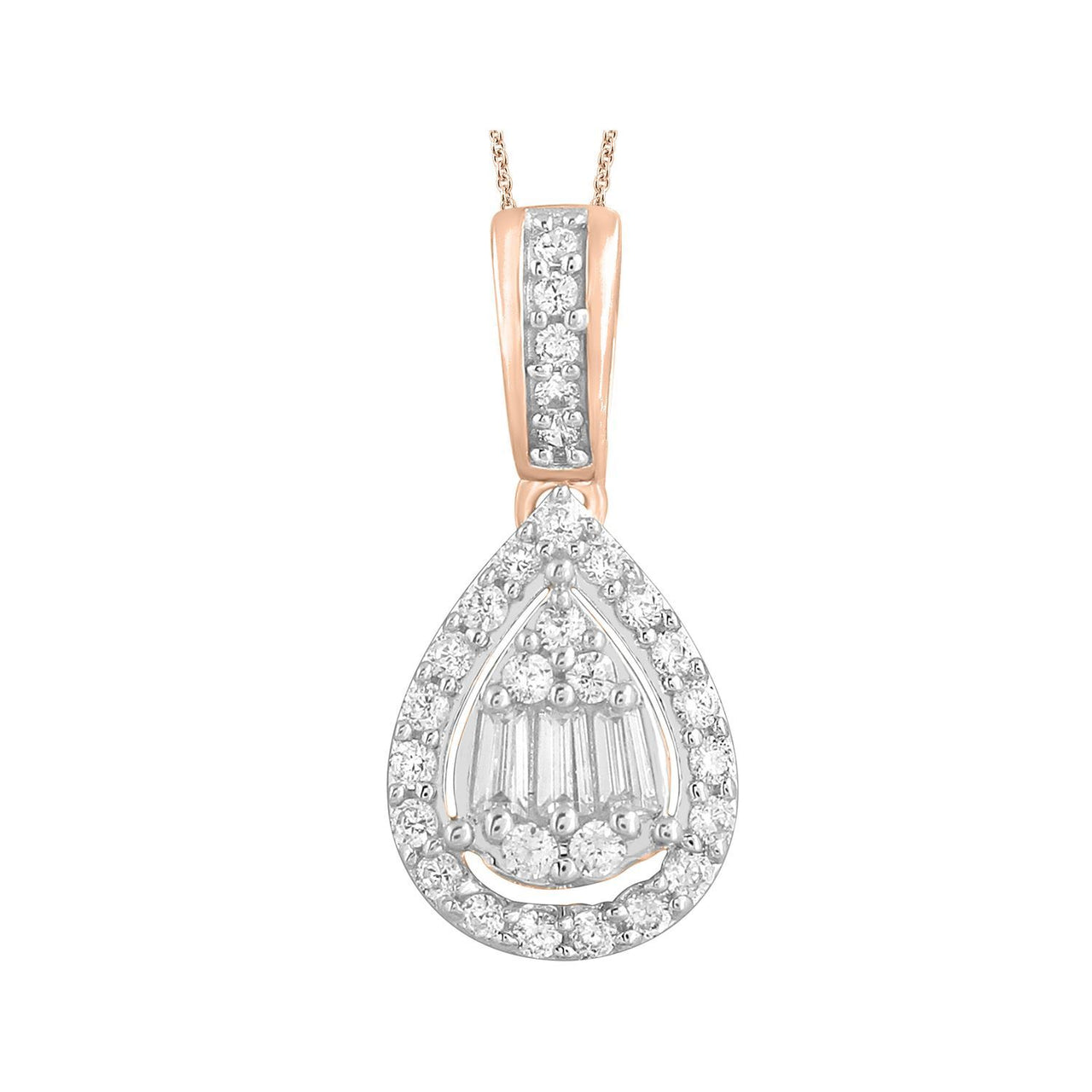 LADIES PENDANT 1/4 CT ROUND/BAGUETTE DIAMOND 10K ROSE GOLD