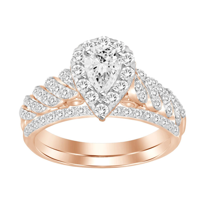 LADIES BRIDAL RING SET 1 CT ROUND DIAMOND 14K ROSE GOLD