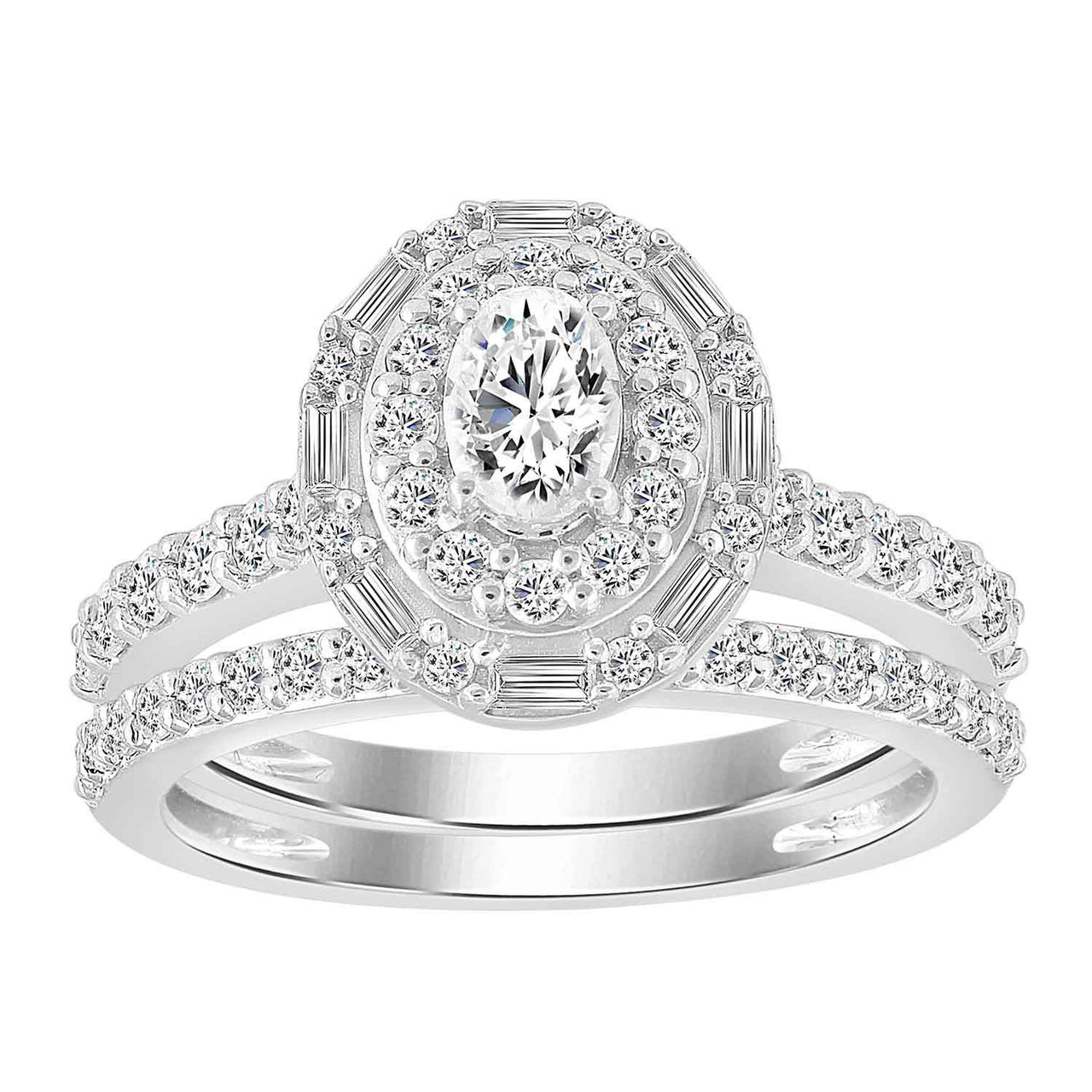 LADIES BRIDAL RING SET 1 1/4 CT ROUND/BAGUETTE DIAMOND 14K WHITE GOLD
