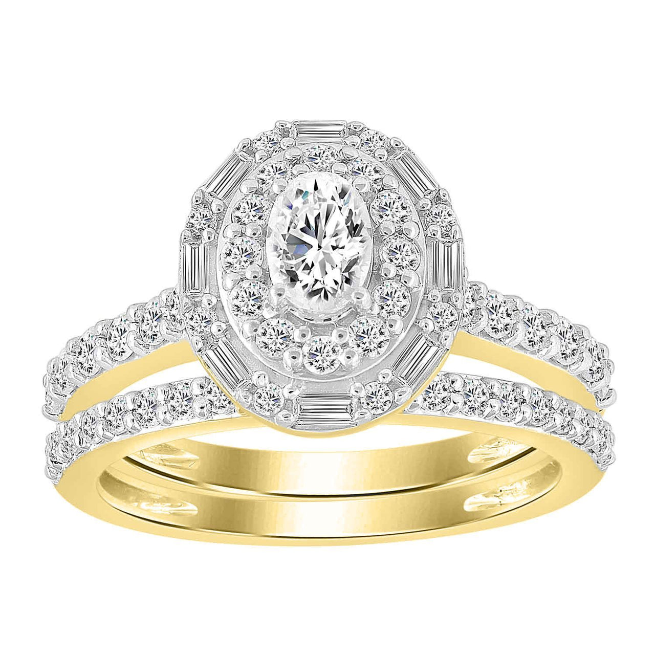 LADIES BRIDAL RING SET 1 1/4 CT ROUND/BAGUETTE DIAMOND 14K YELLOW GOLD