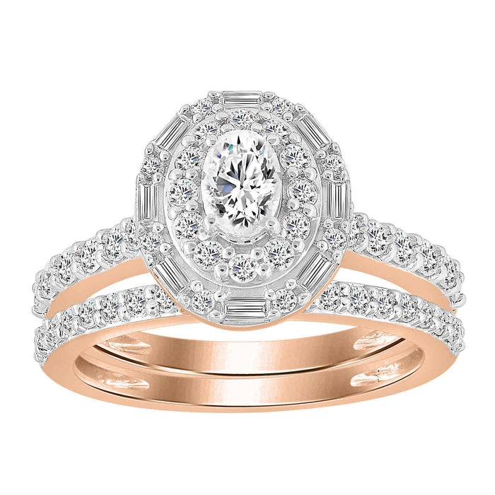 LADIES BRIDAL RING SET 1 1/4 CT ROUND/BAGUETTE DIAMOND 14K ROSE GOLD