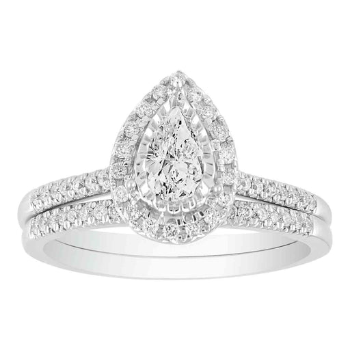 LADIES BRIDAL RING SET 5/8 CT ROUND/PEAR DIAMOND 14K WHITE GOLD