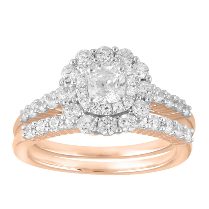 LADIES BRIDAL RING SET 1 1/4 CT ROUND/CUSHION DIAMOND 10K ROSE GOLD