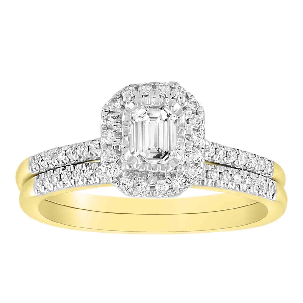 LADIES BRIDAL RING SET 5/8 CT ROUND/EMERALD DIAMOND 14K YELLOW GOLD