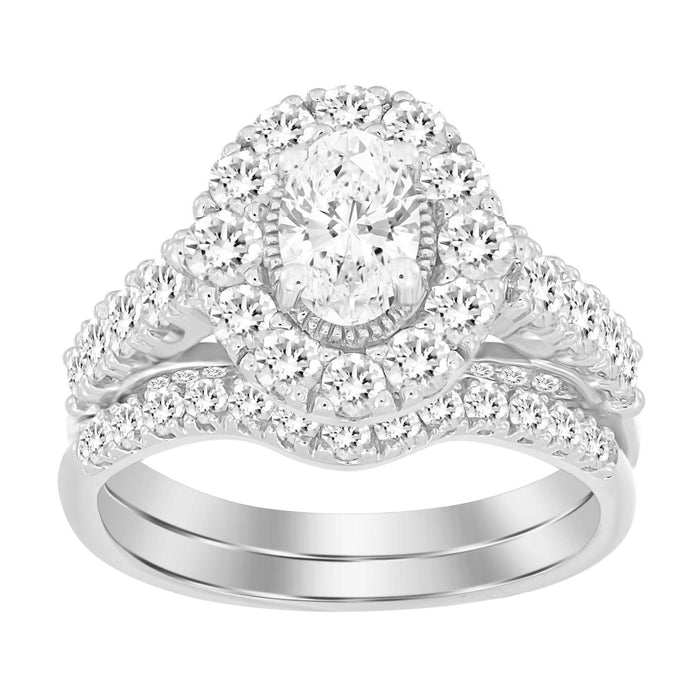 LADIES BRIDAL RING SET 2 CT ROUND/OVAL DIAMOND 14K WHITE GOLD