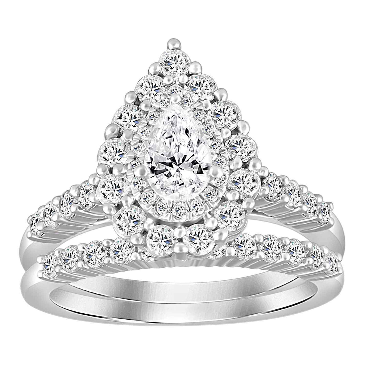 LADIES BRIDAL RING SET 1 1/4 CT ROUND/PEAR DIAMOND 14K WHITE GOLD