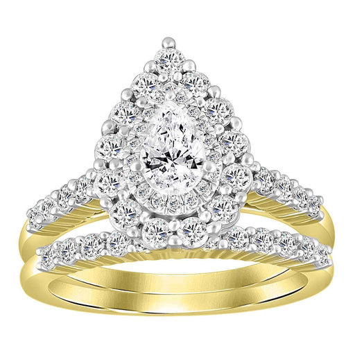 LADIES BRIDAL RING SET 1 1/4 CT ROUND/PEAR DIAMOND 14K YELLOW GOLD