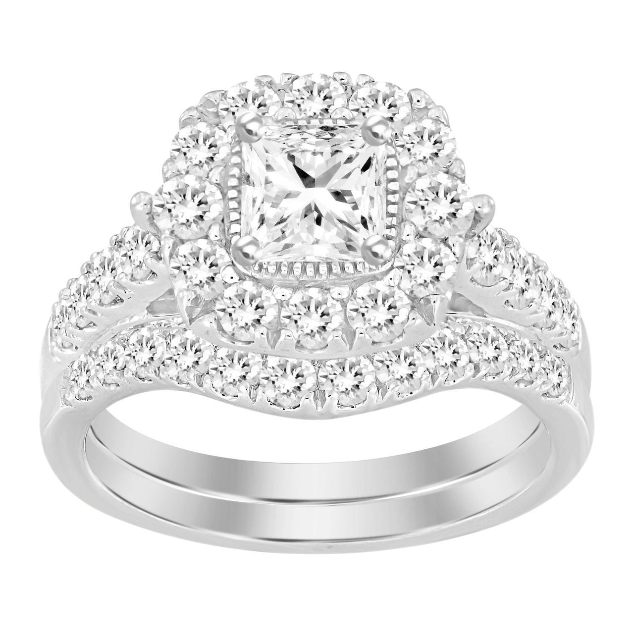 LADIES BRIDAL RING SET 2 CT ROUND/PRINCESS DIAMOND 14K WHITE GOLD