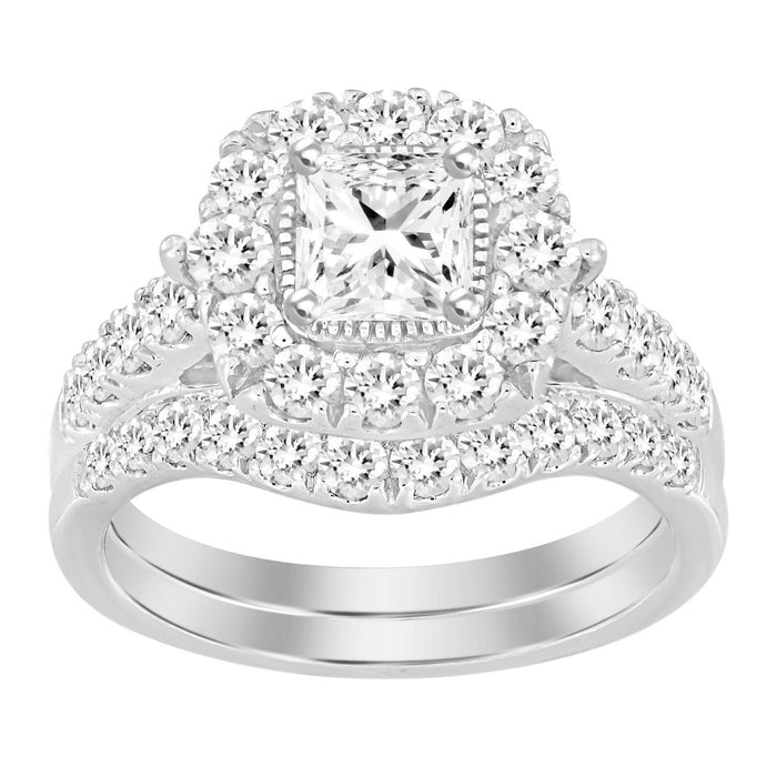 LADIES BRIDAL RING SET 2 CT ROUND/PRINCESS DIAMOND 14K WHITE GOLD